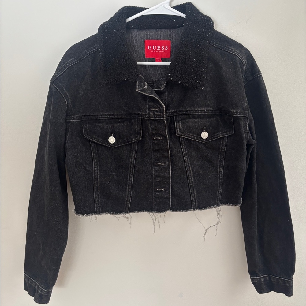 GUESS Black Cropped Denim Jacket with Faux Shearling Collar